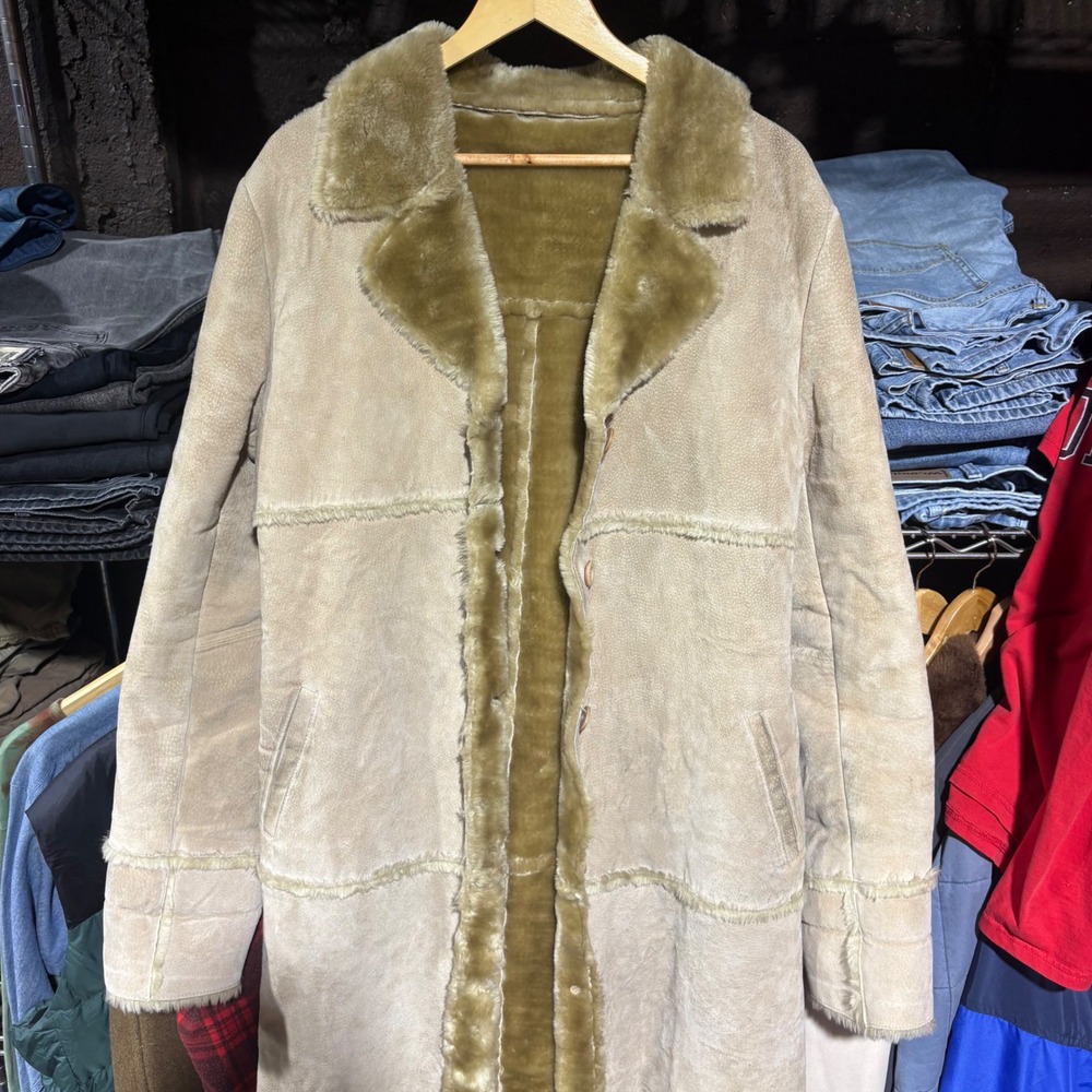 Brandon Thomas Tan Leather Shearling Coat Faux Fur Lined Long Jacket XL